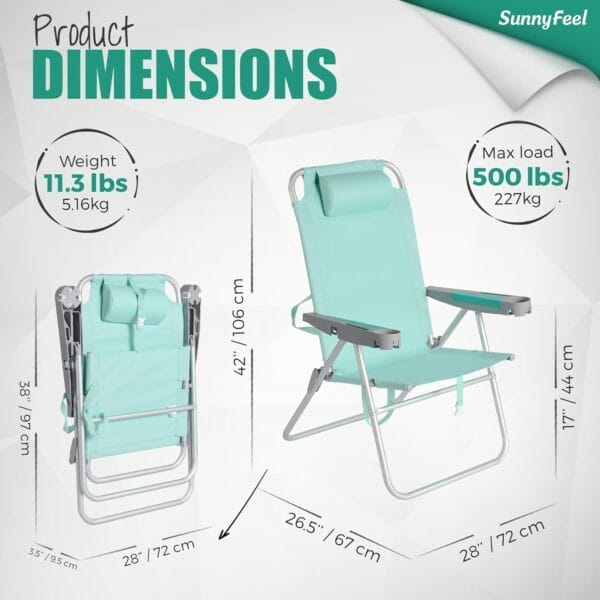 SUNNYFEEL Oversized Tall Folding Beach Chair Lightweight, 17" Portable Sand Chair for Adults Heavy Duty 500 LBS with Cup Holders, Foldable High Camping Lawn Chairs for Camp/Outdoor/Picnic/Sports - Image 2