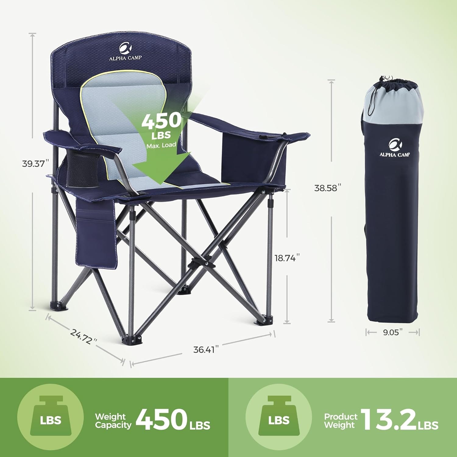 LET'S CAMP Oversized Folding Camping Chair Portable Outdoor Heavy Duty Padded Chairs Lawn Chair with Cup Holder, Storage Pocket and Cooler Bag, Supports 450LBS, for Camp, Travel, Picnic (Blue) - Image 3
