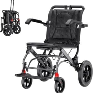 (18" Seat Width) Portable Transport Wheelchair Foldable Lightweight Travel Wheelchair with Telescopic Handle for Senior and Adults with Handbrakes Support 220lbs