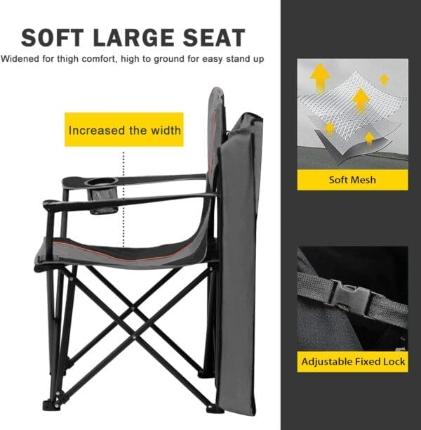 FAIR WIND Oversized Camping Lounge Chair with Adjustable Shade Canopy, Heavy Duty Quad Fold Chair Arm Chair - Support 350 LBS (Black Grey) - Image 4