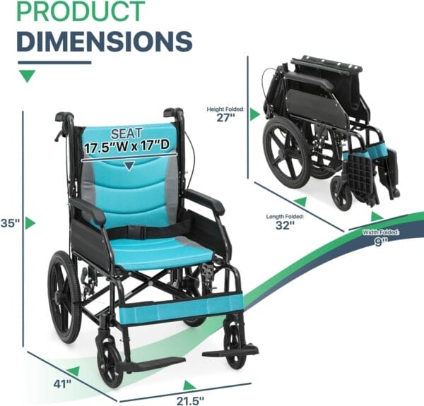 Magshion Foldable Transport Wheelchair for Adults 250 Lbs, Lightweight Transport Chair for Seniors, Portable Wheel Chair with Removable Cushion, Push-to-Lock & Hand Brakes, 17.5" Seat (Black Frame) - Image 2