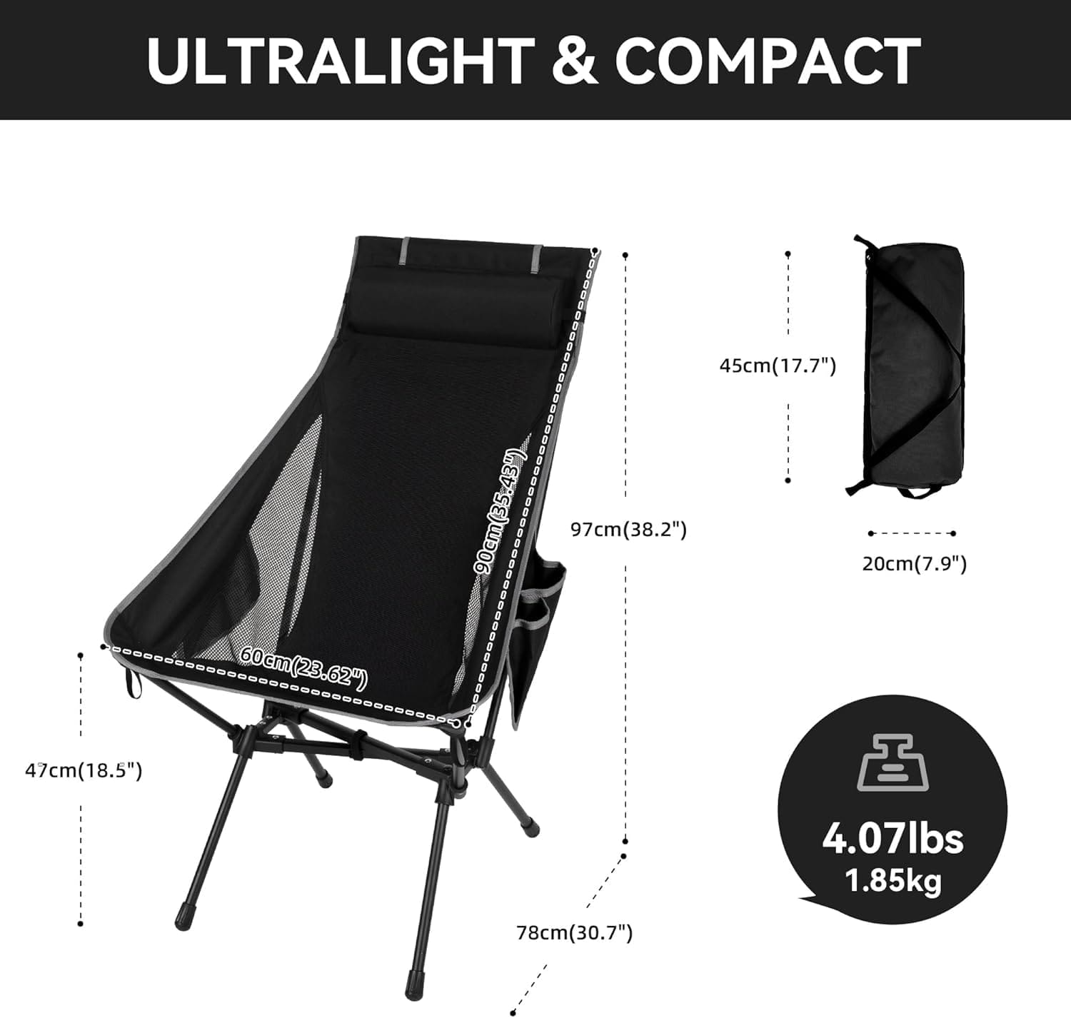 Portable High Back Camping Chair, Support Heavy Duty 440 lbs, Compact Folding Backpacking Chair with Detachable Pillow for Camp, Hiking, Backpacking(Black) - Image 3