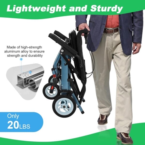 Ultra Lightweight Wheelchairs for Adults 20lbs - Foldable Transport Chair with 8" Honeycomb Tires & Detachable Cushion, 220lbs Capacity - Elderly Wheelchair for Travel, Hospital, Home Use (Blue) - Image 2