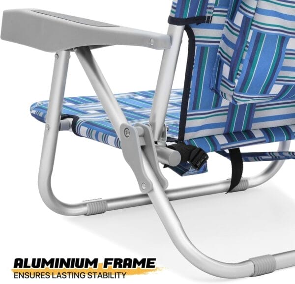 MoNiBloom Low Profile Seat Lightweight Portable Folding Beach Chair with Cup Holder Cooler Bag Heavy-Duty Outdoor Lawn Concert Travel Picnic Hiking Camping Sand Chair for Adults (Blue Stripes, 2-Pack) - Image 7