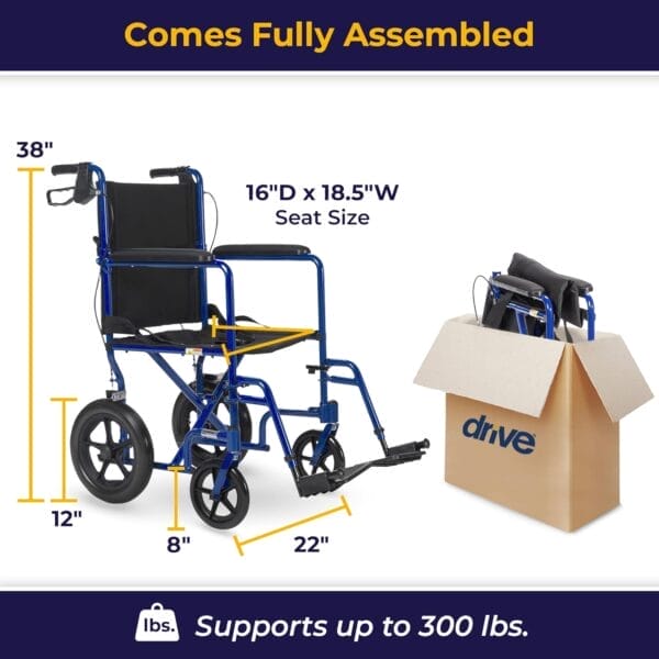 Drive Medical EXP19LTBL Lightweight Expedition Folding Transport Wheelchair with Hand Brakes, Blue - Image 4