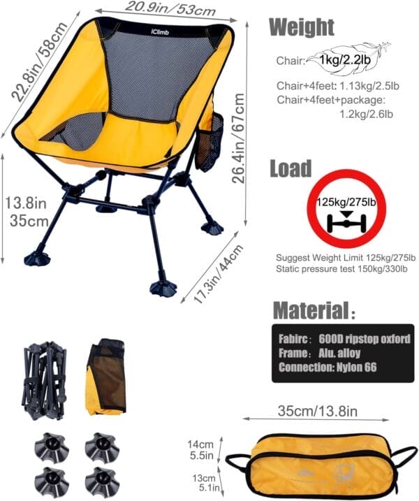 iClimb Ultralight Compact Camping Folding Beach Chair with Anti-Sinking Large Feet - Image 3
