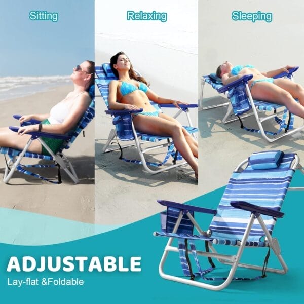 LEMBERI Backpack Beach Chairs for Adults,1/2 Pack Folding Heavy Duty Camping Chair with Large Pockets and Cup Holder,Adjustable high Beach Lounge Chairs with Towel Rack for Outdoor,Travel (1, Blue) - Image 7