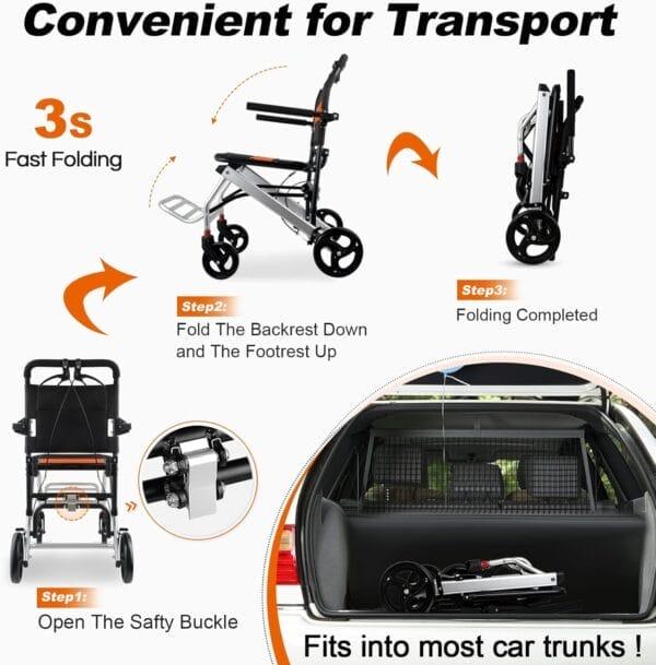 World's Lightest (Only 16lbs) Portable Transit Travel Wheelchair, Folding Transport Wheelchairs for Adults and Seniors Support 220lbs, Lightweight Aluminum Wheelchair for Elderly - Image 3