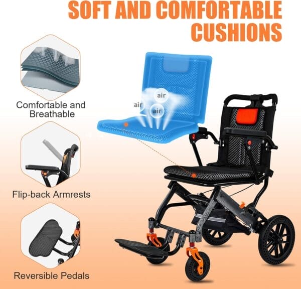 20LBS Lightweight Foldable Transport Wheelchair for Adults - Carbon Fiber Coating, 10” Honeycomb Wheels, 220LBS Capacity, Pull Rod, 16.2” Seat, Portable for Travel & Daily Use - Image 3