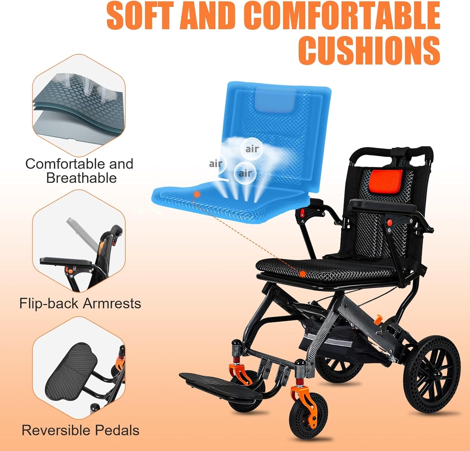 20LBS Lightweight Foldable Transport Wheelchair for Adults - Carbon Fiber Coating, 10” Honeycomb Wheels, 220LBS Capacity, Pull Rod, 16.2” Seat, Portable for Travel & Daily Use - Image 3
