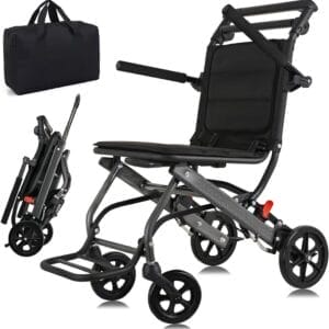 Ultra-Light Transport Wheelchair (only 15lb), Folding Portable Wheelchair with Hand Brake, Trolleys for Elderly Aircraft Travel, Wheelchairs for Adults (with Bag) (with Telescopic Handle)