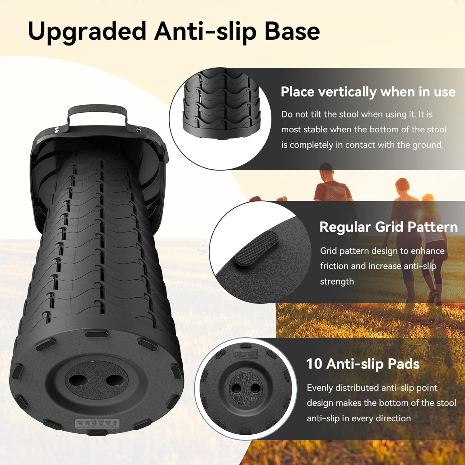 2025 Upgraded Portable Folding Stool, Collapsible Stool, Telescoping Camping Stool with Max Load Capacity 485lbs, Square Retractable Seat for Camping Gardening Fishing Hiking BBQ[Black] - Image 3