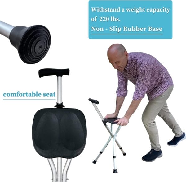 Portable Adjustable Folding Walking Cane with Seat Allows Durability While Walking and Convenience for Sitting, Alloy Crutch Chair, Anti-Slip Lightweight Walking Stick for Seniors - Image 5
