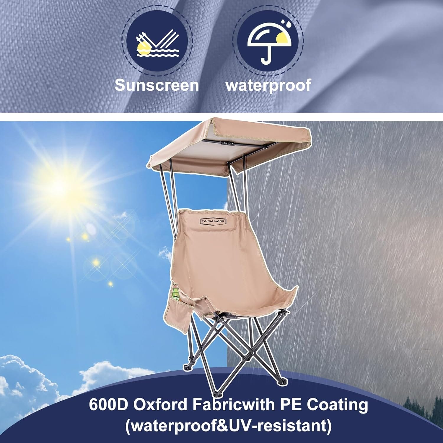 YOUNG WOOD Portable Camping Chair Beach Chair with Shade Canopy, Fold Lightweight Oversized Suit for All, Easy to Open,Close Without Installation, Side Pocket Design for All Outdoor Activities,Khaki - Image 5