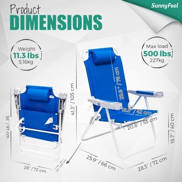 SUNNYFEEL Oversized Tall Folding Beach Chair Lightweight, 17" Portable Sand Chair for Adults Heavy Duty 500 LBS with Cup Holders, Foldable High Camping Lawn Chairs for Camp/Outdoor/Picnic/Sports - Image 3