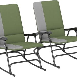 Outsunny Folding Outdoor Rocking Chairs Set of 2, Oversized Outdoor Rocking Camping Chair with 400 lbs. Capacity, Wide Seat, Padded High Back for Patio, Porch, Garden, Dark Green