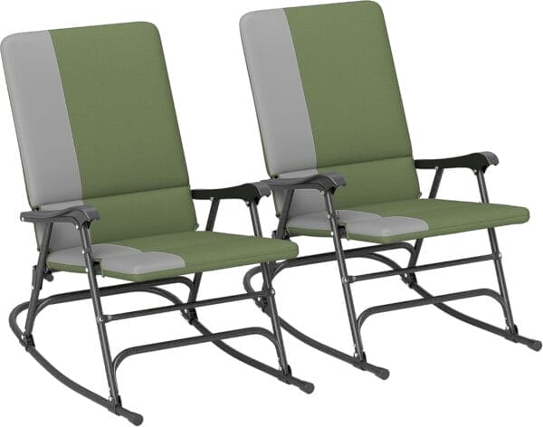 Outsunny Folding Outdoor Rocking Chairs Set of 2, Oversized Outdoor Rocking Camping Chair with 400 lbs. Capacity, Wide Seat, Padded High Back for Patio, Porch, Garden, Dark Green