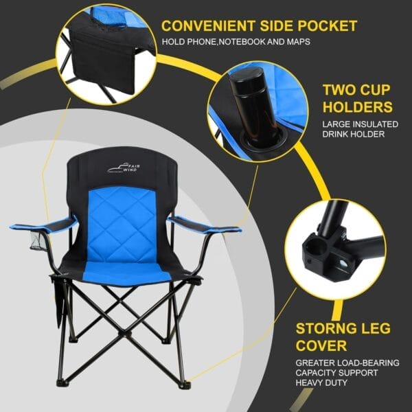FAIR WIND 2 Pack Oversized Fully Padded Camping Chair Heavy Duty Quad Fold Arm Chair Support 350 LBS with Cup Holder, Collapsible Lumbar Back Chair Portable for Outdoor, Blue - Image 4