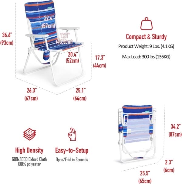 SunnyFeel 15" Tall Folding Beach Chair, Oversized Portable High Seat Sand Chair for Adults Heavy Duty 300 LBS, Foldable Camping Lawn Chairs for Camp/Outdoor/Travel/Picnic/Concert/Sports - Image 3