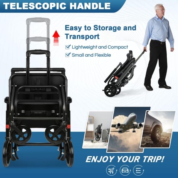 Ultra-Light Transport Wheelchair (only 15lb), Folding Portable Wheelchair with Hand Brake, Trolleys for Elderly Aircraft Travel, Wheelchairs for Adults (with Bag) (with Telescopic Handle) - Image 3