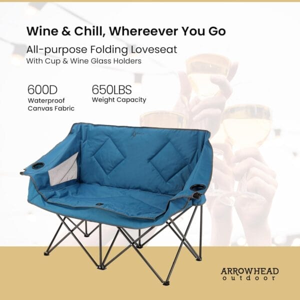 ARROWHEAD OUTDOOR Portable Folding Double Duo Camping Chair Loveseat w/ 2 Cup & Wine Glass Holder, Heavy-Duty Carrying Bag, Padded Seats & Armrests, Supports up to 650lbs, USA-Based Support - Image 3