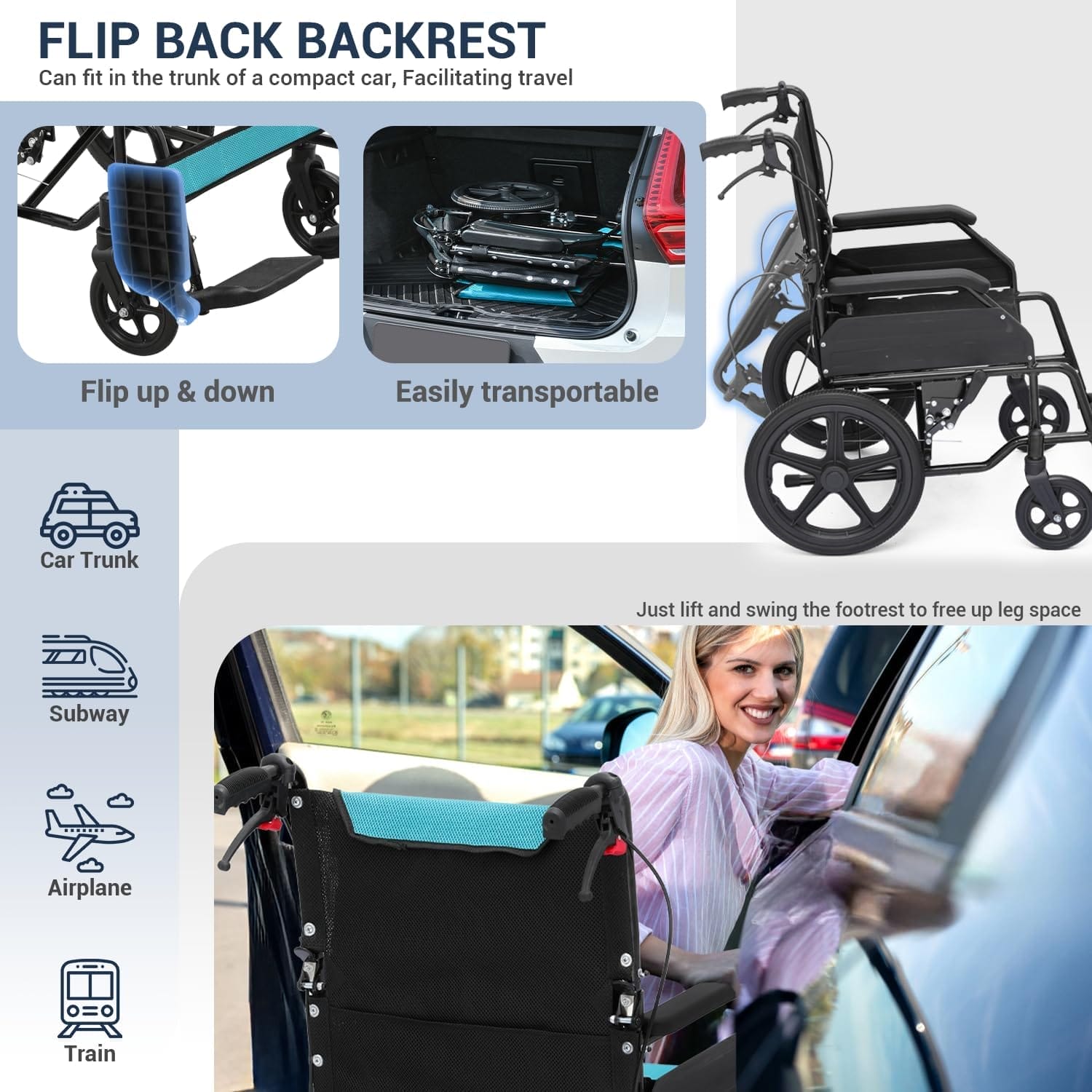 Wheel Chair for Adults with Swing-Away Footrest and Loop-Lock Handbrakes 17.5 inch Seat Wheel Chair 15" Rear Wheel Lightweight Transport Chair for Travel Compact Storage, 250 lbs - Image 6