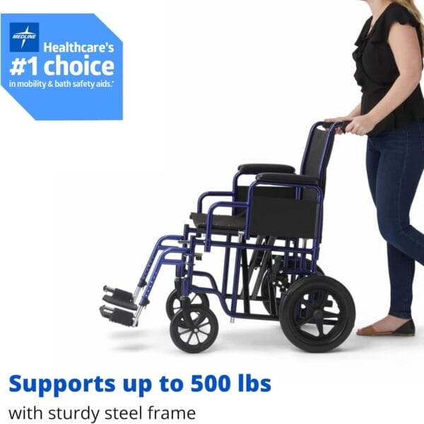 Medline Heavy Duty Transport Chair supports up to 500 lbs., Bariatric Transport Wheelchair, 22" x 18" seat, Blue Frame - Image 2