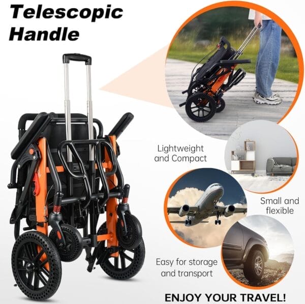 Upgraded Transport Wheelchair, Come with Telescopic Handle and Three Bags, Wheelchairs for Adults, Lightweight Transport Wheelchair, with Safety Belt - Image 2