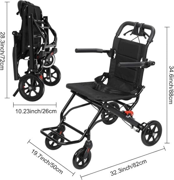 Portable Folding Transport Wheelchair, Lightweight Foldable Wheel Chair for Adults, Travel Wheelchair for Elderly (Black No Pull Rod) - Image 7