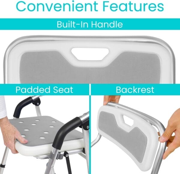 Vive Shower Chair For Elderly And Disabled - Folding Seat With Arms And Back - Foldable Bathroom Chairs For Sitting, Inside Shower - Portable For Travel - Fold Down, Collapsible, Compact & Comfortable - Image 6