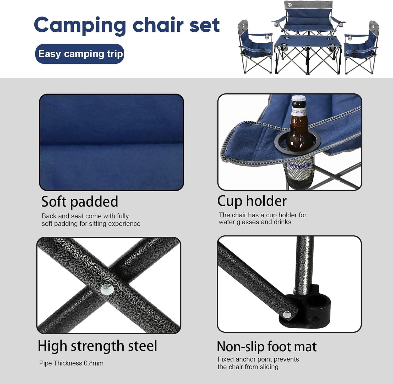 Folding Camping Chair Set of 4,Portable Collapsible Conversation Set w/1 Sofa,2 Single Chairs and 1 Table for Family Patio,Outdoor Travel,Beach(Blue) - Image 5
