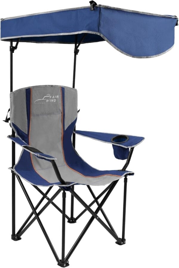 FAIR WIND Oversized Camping Lounge Chair with Adjustable Shade Canopy, Heavy Duty Quad Fold Chair Arm Chair - Support 350 LBS(Blue Grey)