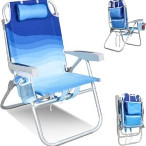 Tall Beach Chairs for Adults – 5-Position Reclining Backpack Chair with Large Insulated Cooler & Storage Pocket, Aluminum Frame, Portable for Travel & Outdoor, Supports 300lbs, Wave Blue