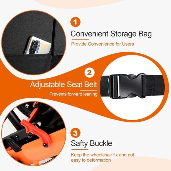 Upgraded Transport Wheelchair, Come with Telescopic Handle and Three Bags, Wheelchairs for Adults, Lightweight Transport Wheelchair, with Safety Belt - Image 6