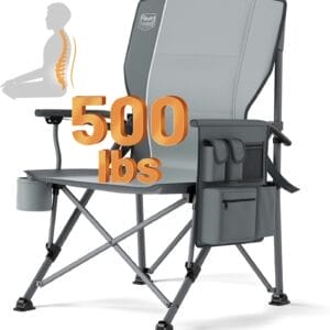 TIMBER RIDGE Oversized Folding Camping Chair with Lumbar Support Adjustable High Back Heavy Duty for Adults Support up to 500lbs with Cup Holder, Cooler Bag, Side Pocket, Grey
