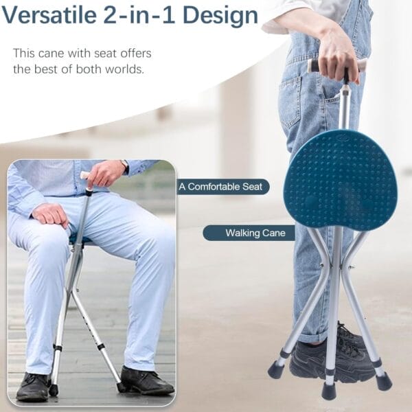 Walking cane with seat cane chair foldable walking stick with seat, adjustable cane stool for seniors elderly, lightweight aluminum, easy carry (blue) - image 2