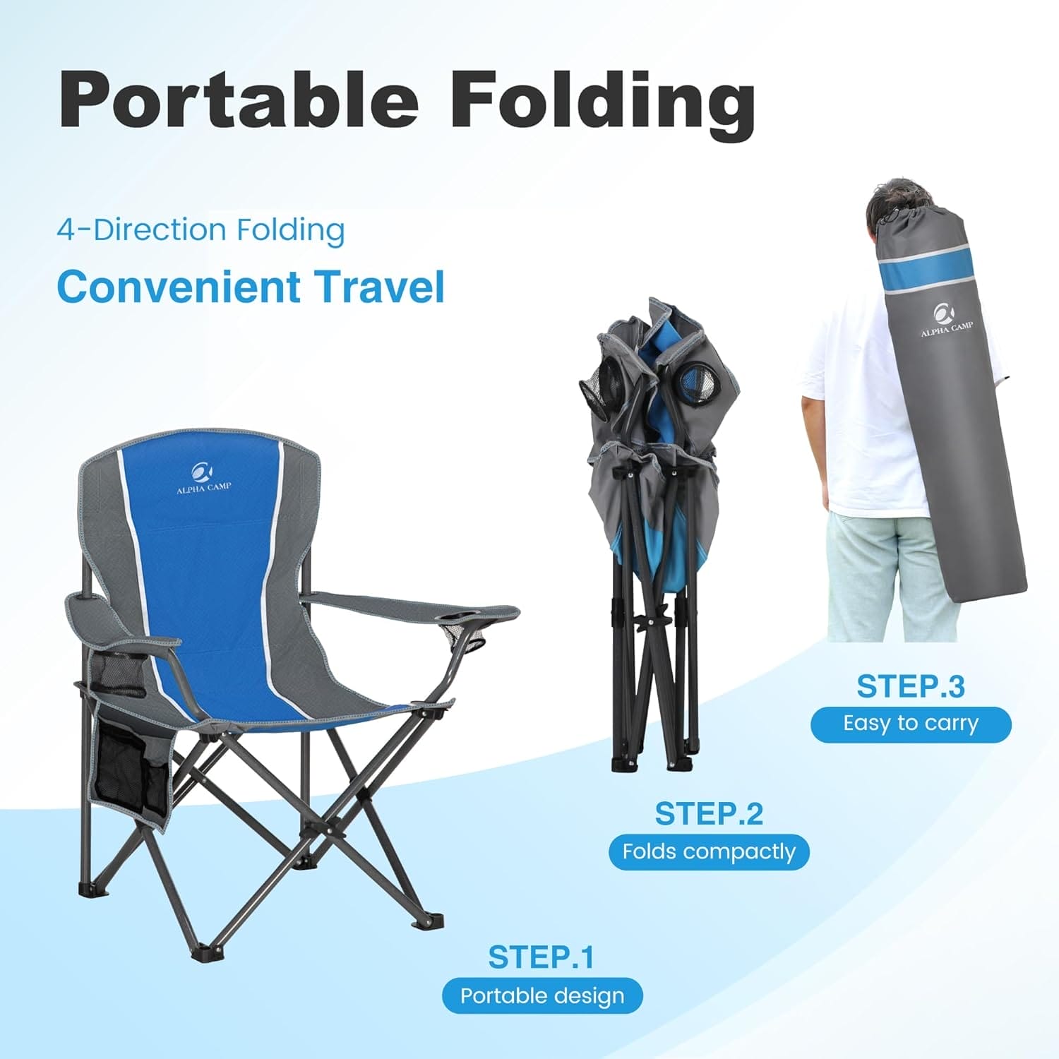 LET'S CAMP Oversized Outdoor Folding Camping Chair, 2 Pack Heavy Duty Arm Chairs with Cup Holder and Storage Bag, 350 LBS Weight Capacity, Blue - Image 8