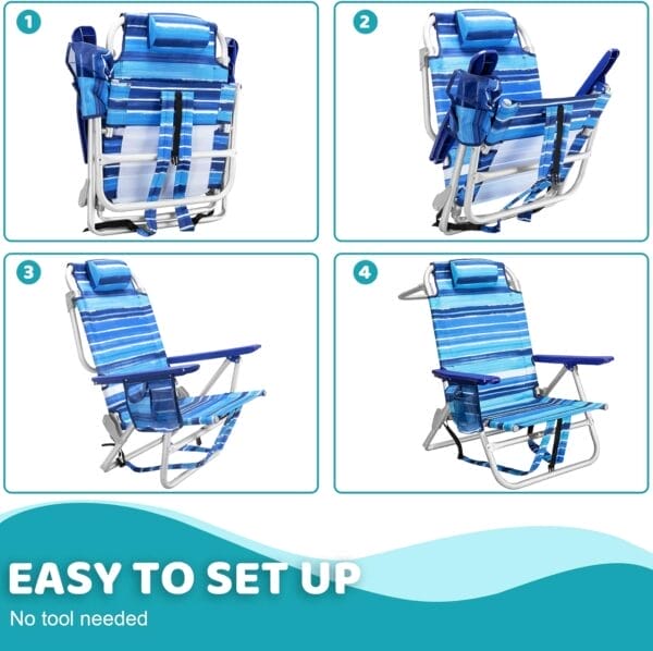 LEMBERI Backpack Beach Chairs for Adults,1/2 Pack Folding Heavy Duty Camping Chair with Large Pockets and Cup Holder,Adjustable high Beach Lounge Chairs with Towel Rack for Outdoor,Travel (1, Blue) - Image 9