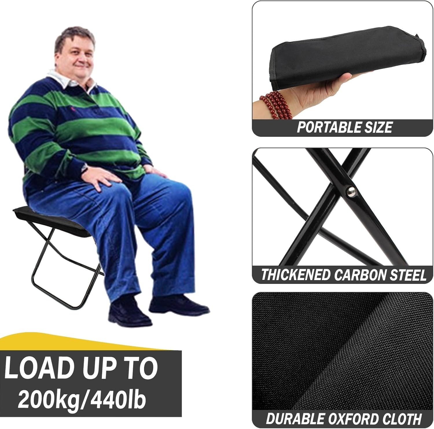 Camping Stool, Portable Folding Stool with Carry Bag, 12in Portable Folding Chair 1.6Lbs Collapsible Camp Stool Outdoor Footstool for Travel Walking Hiking Fishing Picnic Barbecue (Black) - Image 3