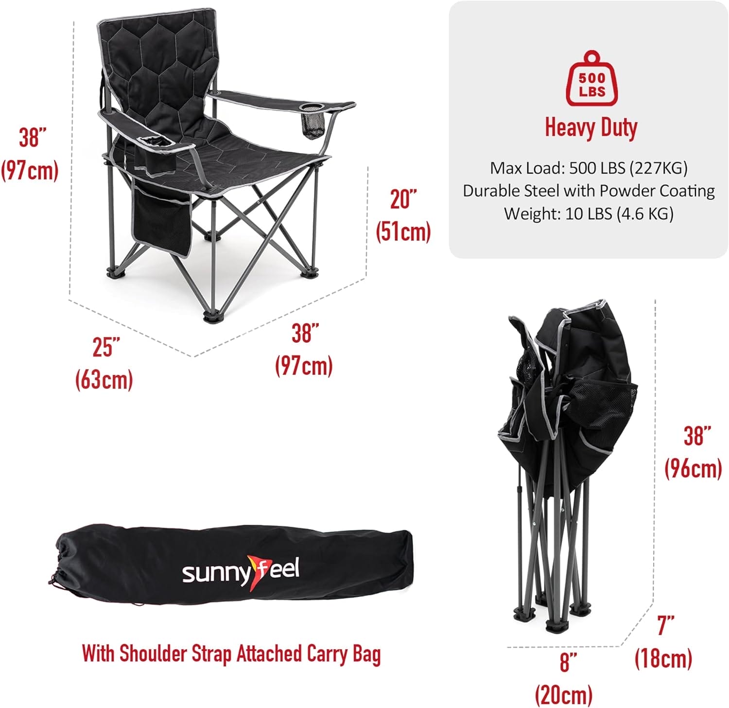SUNNYFEEL XXL Oversized Camping Chair, 500 LBS Heavy Duty Lawn Chairs, Portable Folding Sports Chairs with Armrest, Cup Holder, Pocket ＆Bag for Outdoor/Travel/Picnic - Image 3