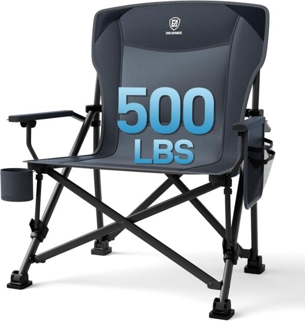 EVER ADVANCED Oversized Folding Camping Chair for Adults, Heavy Duty Lawn Chair with Side Pockets, Portable Collapsible Quad Chair for Outside, Support Up to 500lbs