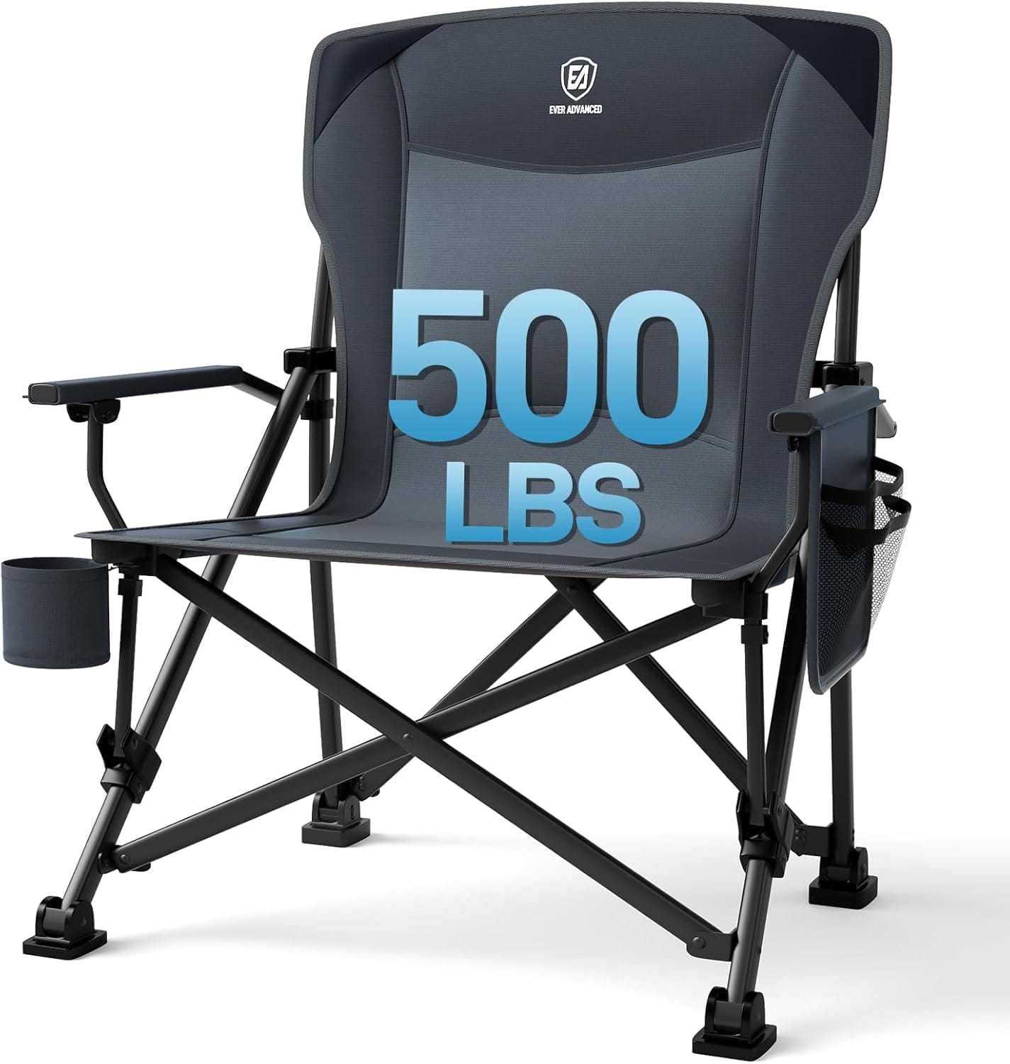 EVER ADVANCED Oversized Folding Camping Chair for Adults, Heavy Duty Lawn Chair with Side Pockets, Portable Collapsible Quad Chair for Outside, Support Up to 500lbs