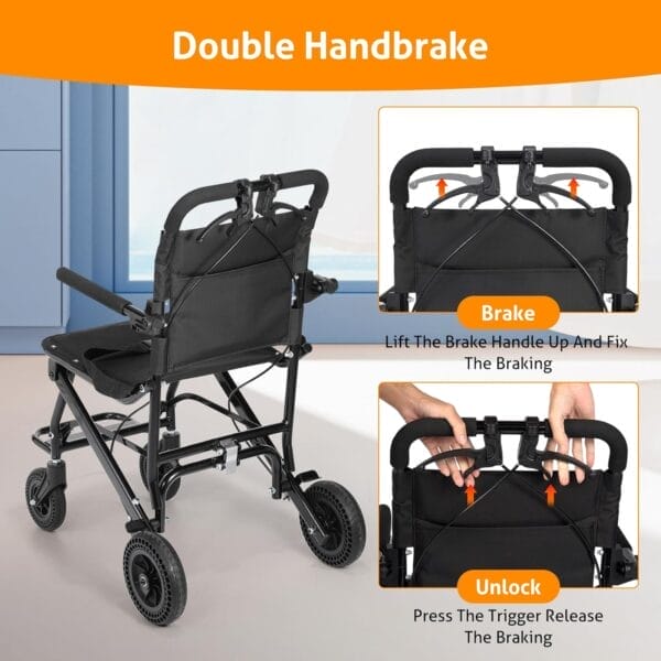 WICHEMI 17.4lbs Ultra-Lightweight Transport Wheelchairs for Adults,220lbs Capacity,17.3" Seat,Portable, Folding, Collapsible,Narrow Transfer Wheel Chair with Carrying Bag - Image 5