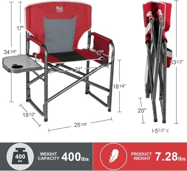 TIMBER RIDGE Aluminum Oversized Camping Chair, Lightweight Portable Directors Chair with Side Table Detachable Side Pocket for Outdoor Camping, Lawn, Picnic, Support 400lbs Red 2 Pack - Image 3