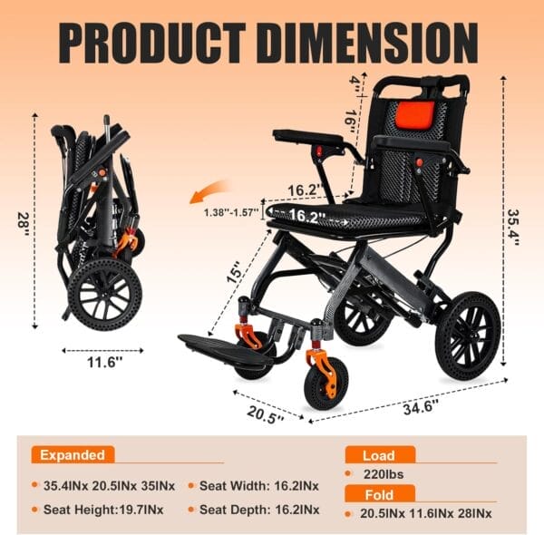 20LBS Lightweight Foldable Transport Wheelchair for Adults - Carbon Fiber Coating, 10” Honeycomb Wheels, 220LBS Capacity, Pull Rod, 16.2” Seat, Portable for Travel & Daily Use - Image 2