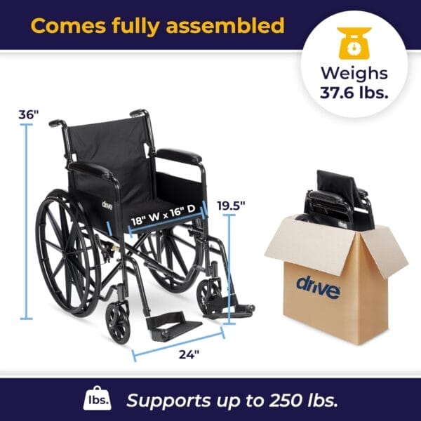 Drive Medical SSP118FA-SF Silver Sport 1 Folding Transport Wheelchair with Full Arms and Removable Swing-Away Footrest, Black - Image 4