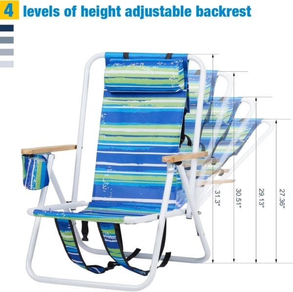 Outvita Folding Beach Chair Adjustable Headrest w/4 Flexible Tilt Angle, Cup Holder Portable High Strength Cleanable Fabric, for Sand Camping Lawn Concert Travel Festival - Image 4