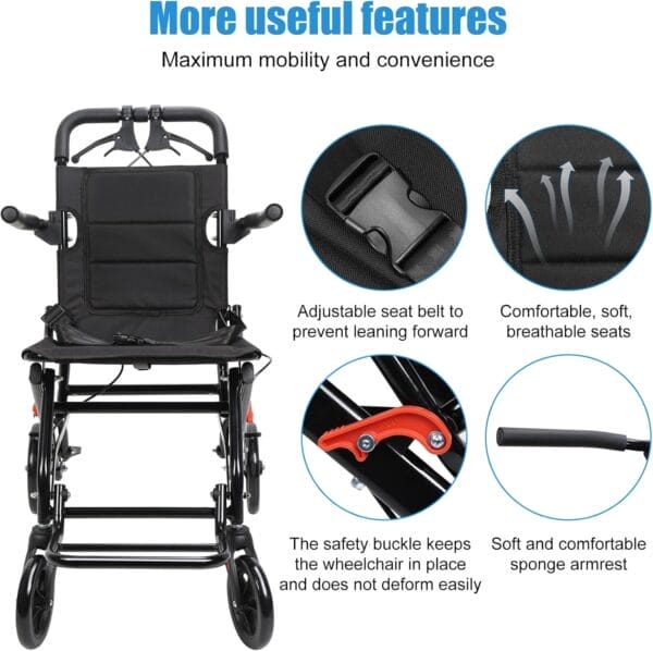 Portable Folding Transport Wheelchair, Lightweight Foldable Wheel Chair for Adults, Travel Wheelchair for Elderly (Black No Pull Rod) - Image 5