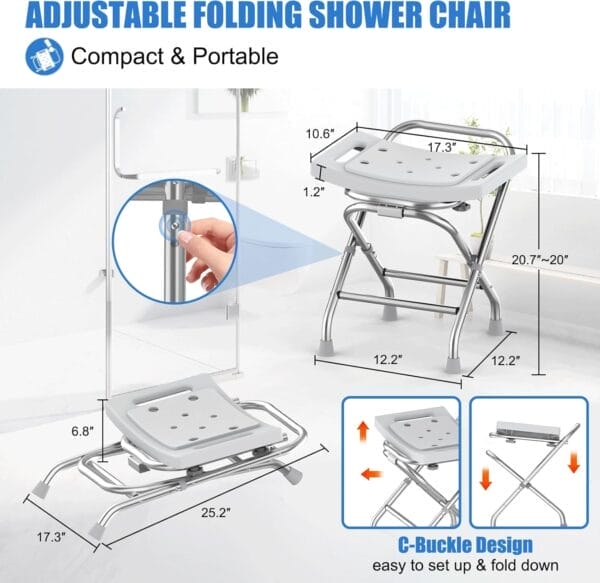 Height Adjustable Folding Shower Chair w/Crossbar, 400lbs Stainless Steel Foldable Shower Chair for Inside Shower, Anti-Slip Portable Travel Shower Stool, Safety Bath Chair for Seniors, Gray - Image 4