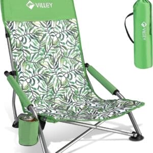 VILLEY Low Beach Chair, High Back Folding Beach Chair for Adults, Lightweight and Portable for Outdoor, Beach, Camping, Lawn, Music Festival, with Cup Holder and Carry Bag-Green Tropical Leaves